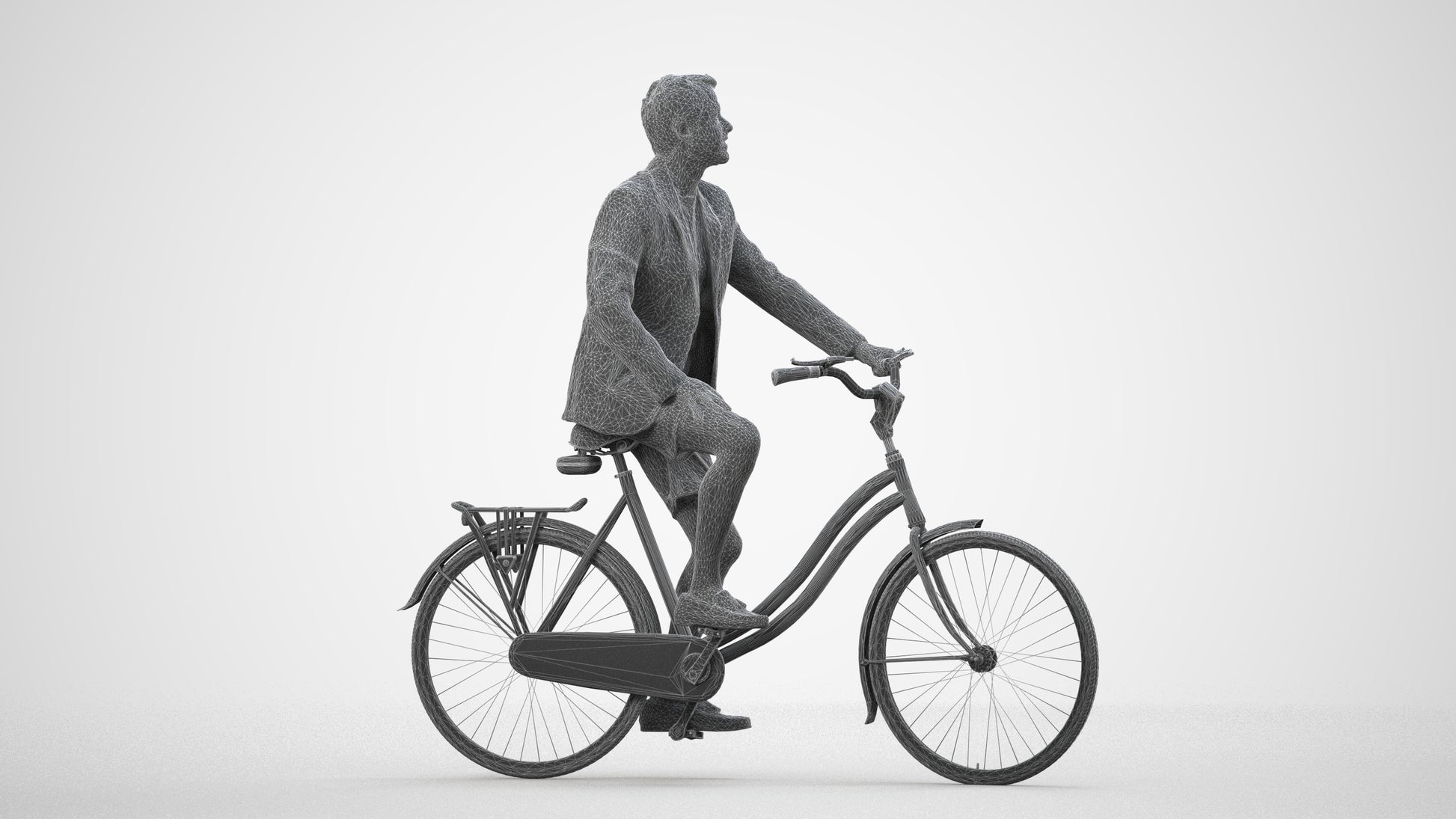 3D scanned man cycling business, photorealistic archviz people for Enscape and SketchUp, wireframe side view