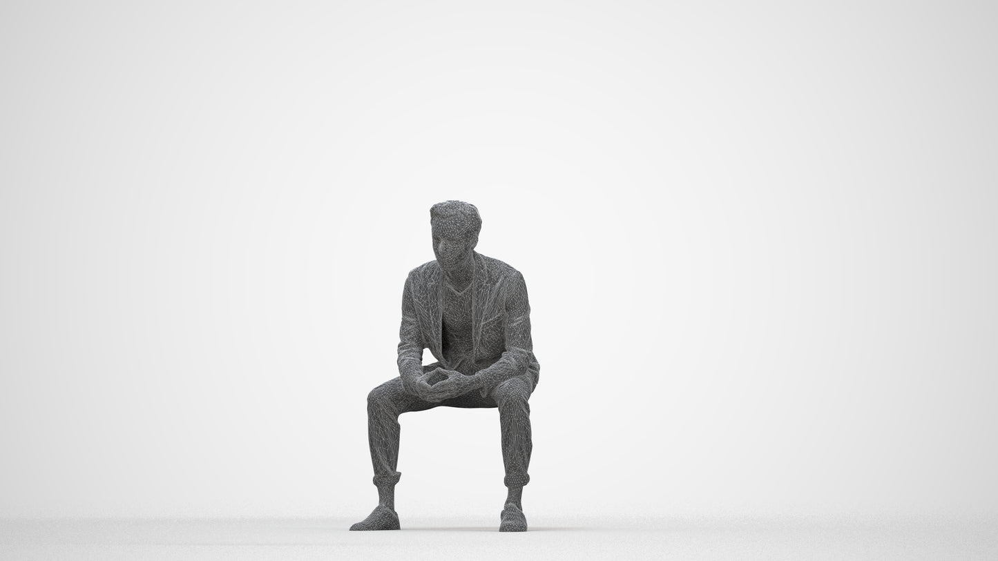 photogrammetry 3D man business sitting, realistic human model archviz FBX, wireframe back view