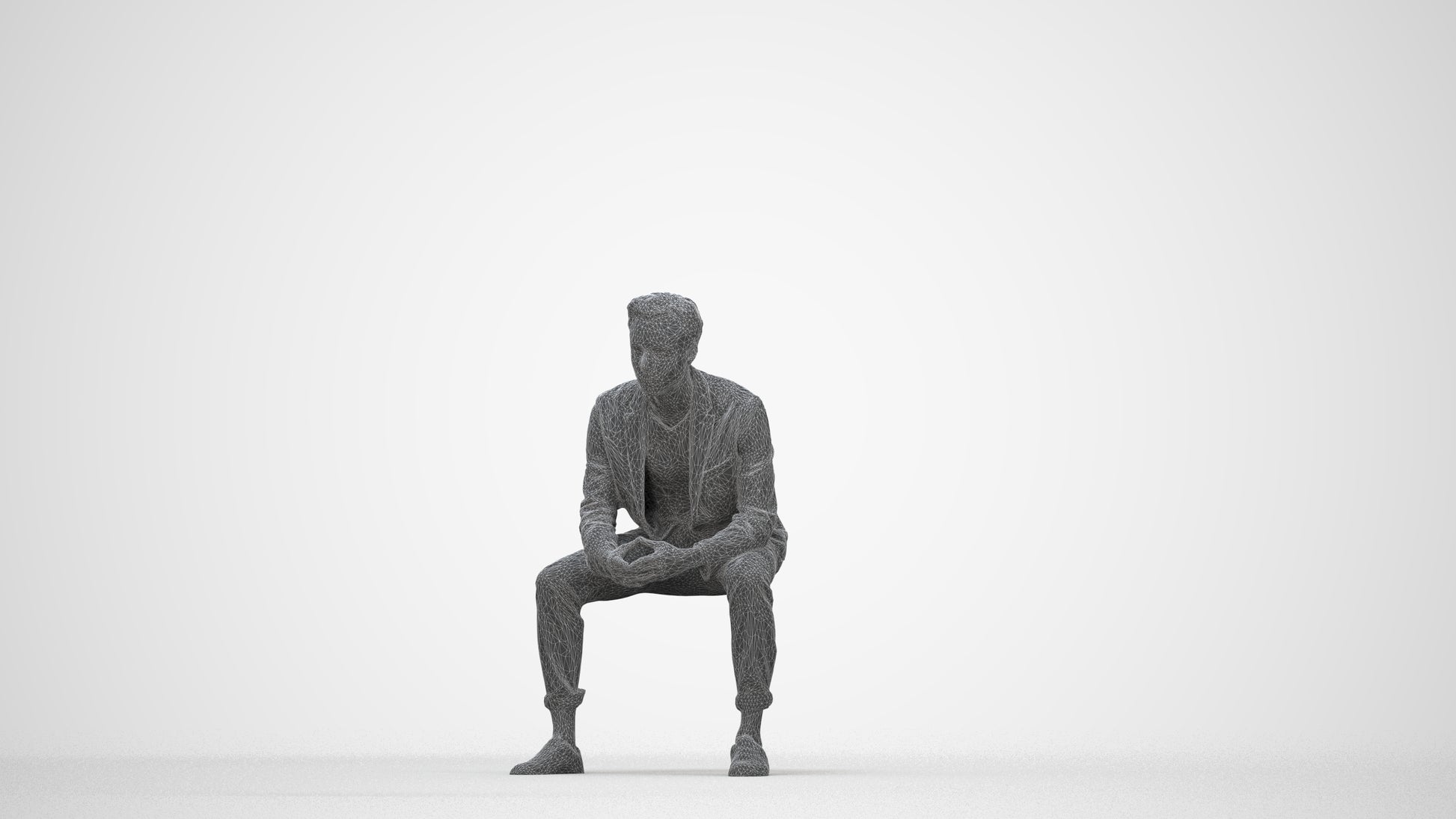 photogrammetry 3D man business sitting, realistic human model archviz FBX, wireframe back view