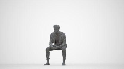 photogrammetry 3D man business sitting, realistic human model archviz FBX, wireframe back view