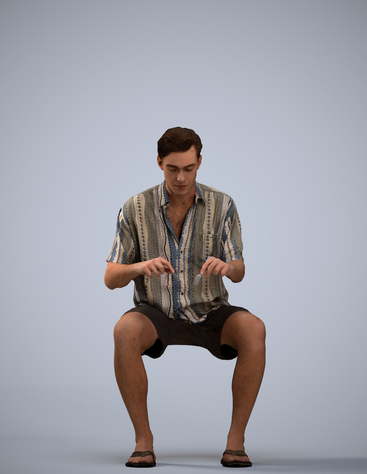 3D human model man casual sitting, photogrammetry scanned person for archviz