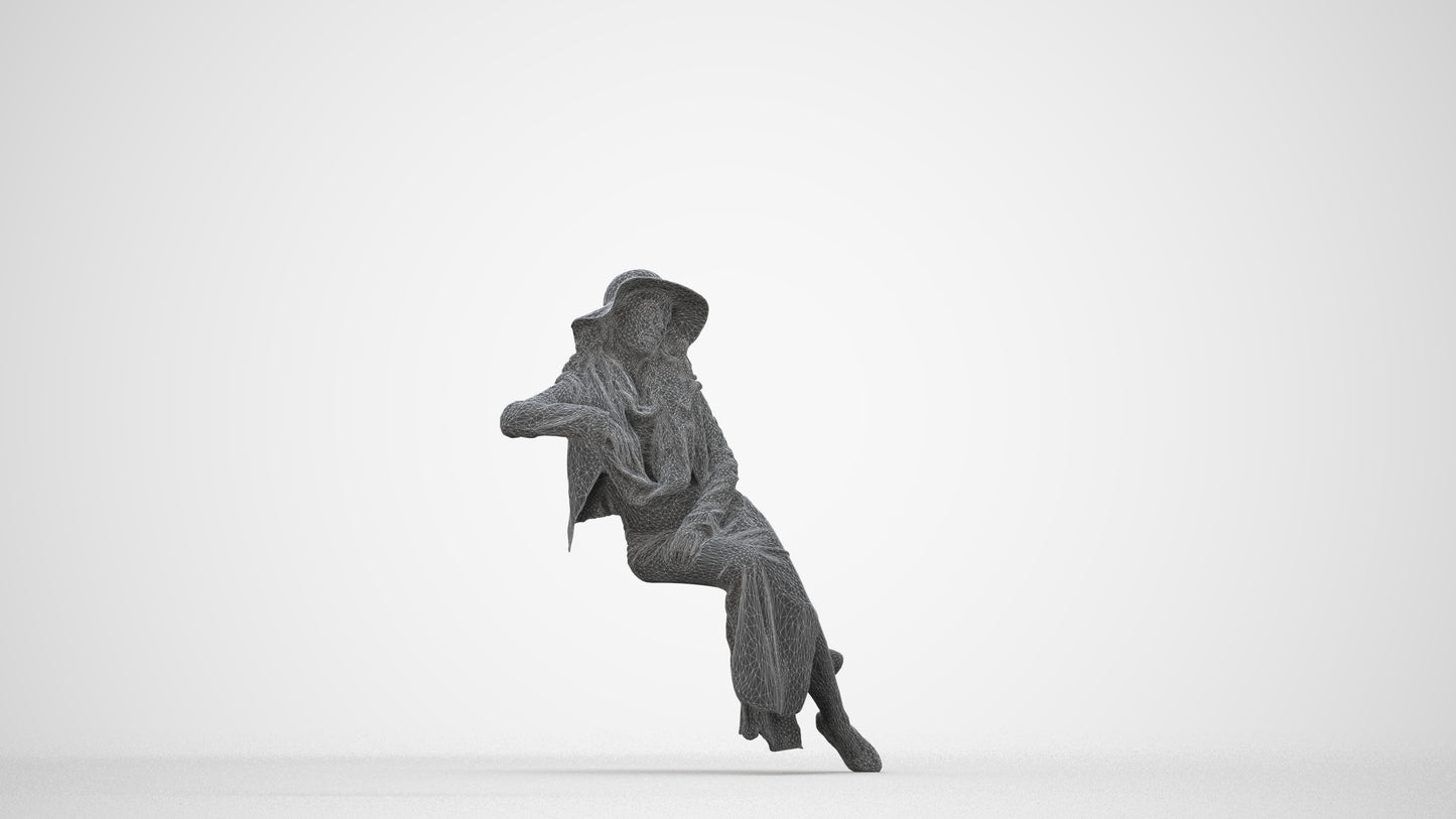 realistic 3D human woman casual sitting, archviz people FBX OBJ for Blender, wireframe back view