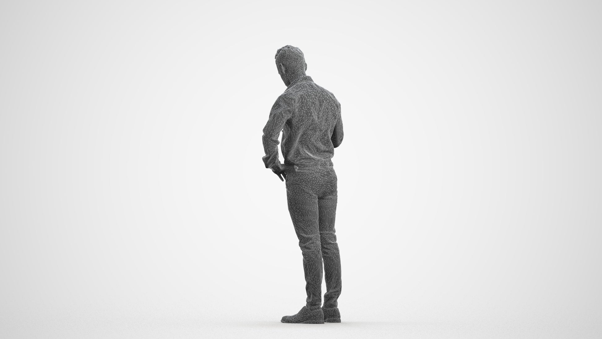 realistic 3D man business standing, scanned archviz people for Blender and 3ds Max, wireframe front view