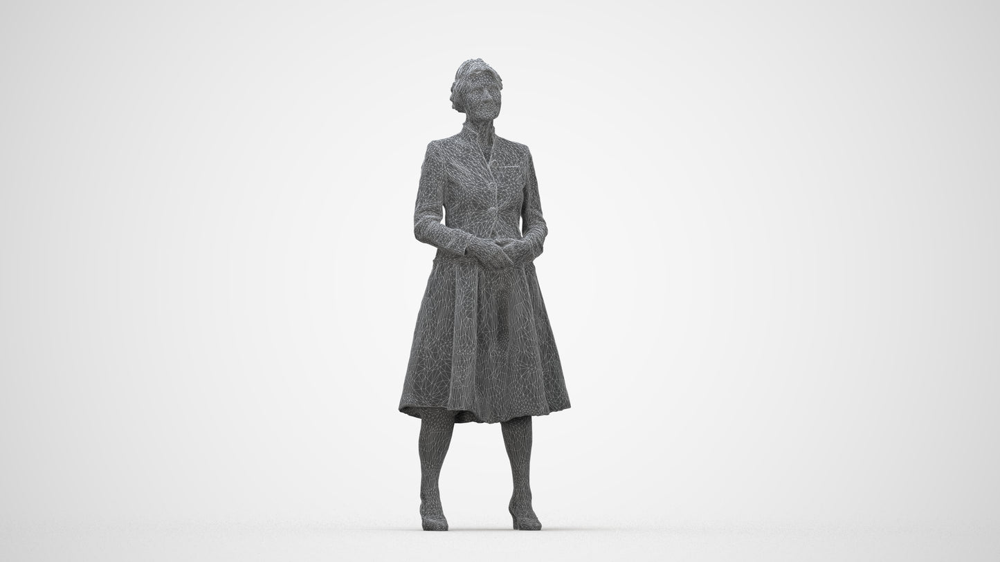 realistic 3D senior woman business standing, scanned archviz people for Blender and 3ds Max, wireframe back view