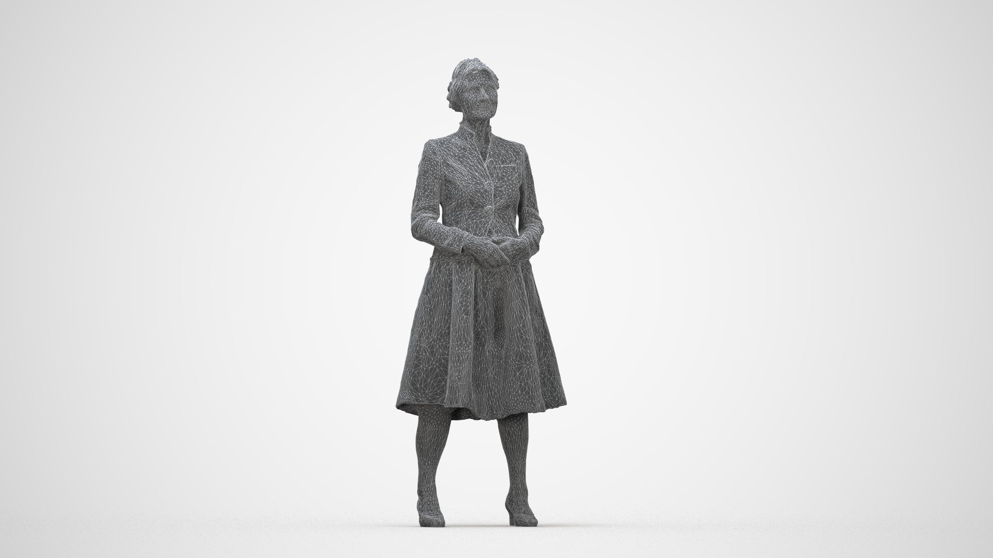 realistic 3D senior woman business standing, scanned archviz people for Blender and 3ds Max, wireframe back view