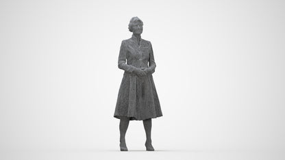 realistic 3D senior woman business standing, scanned archviz people for Blender and 3ds Max, wireframe back view