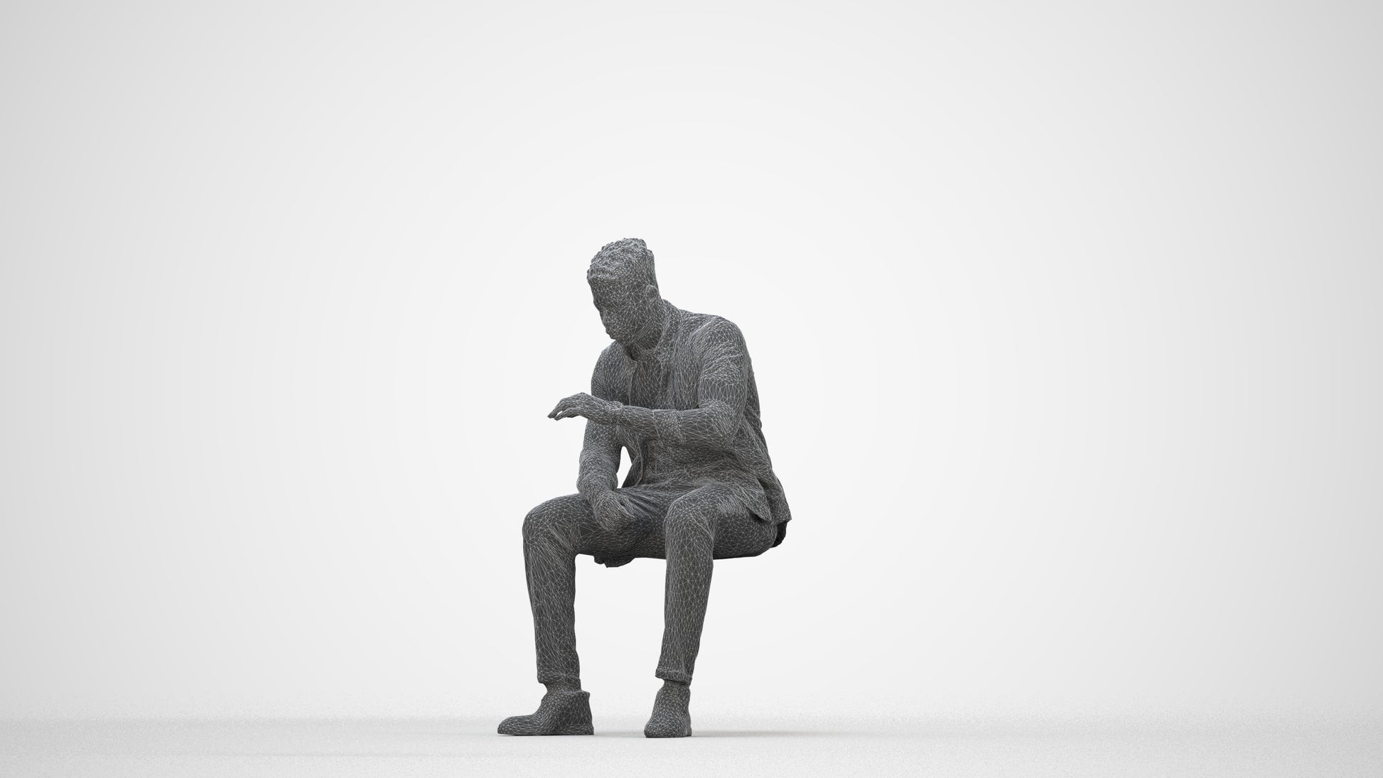 3D human model man casual sitting, photogrammetry scanned person for archviz, wireframe back view