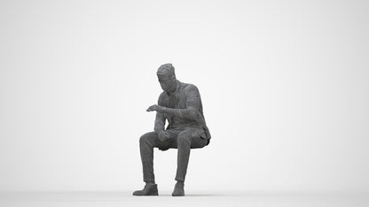 3D human model man casual sitting, photogrammetry scanned person for archviz, wireframe back view