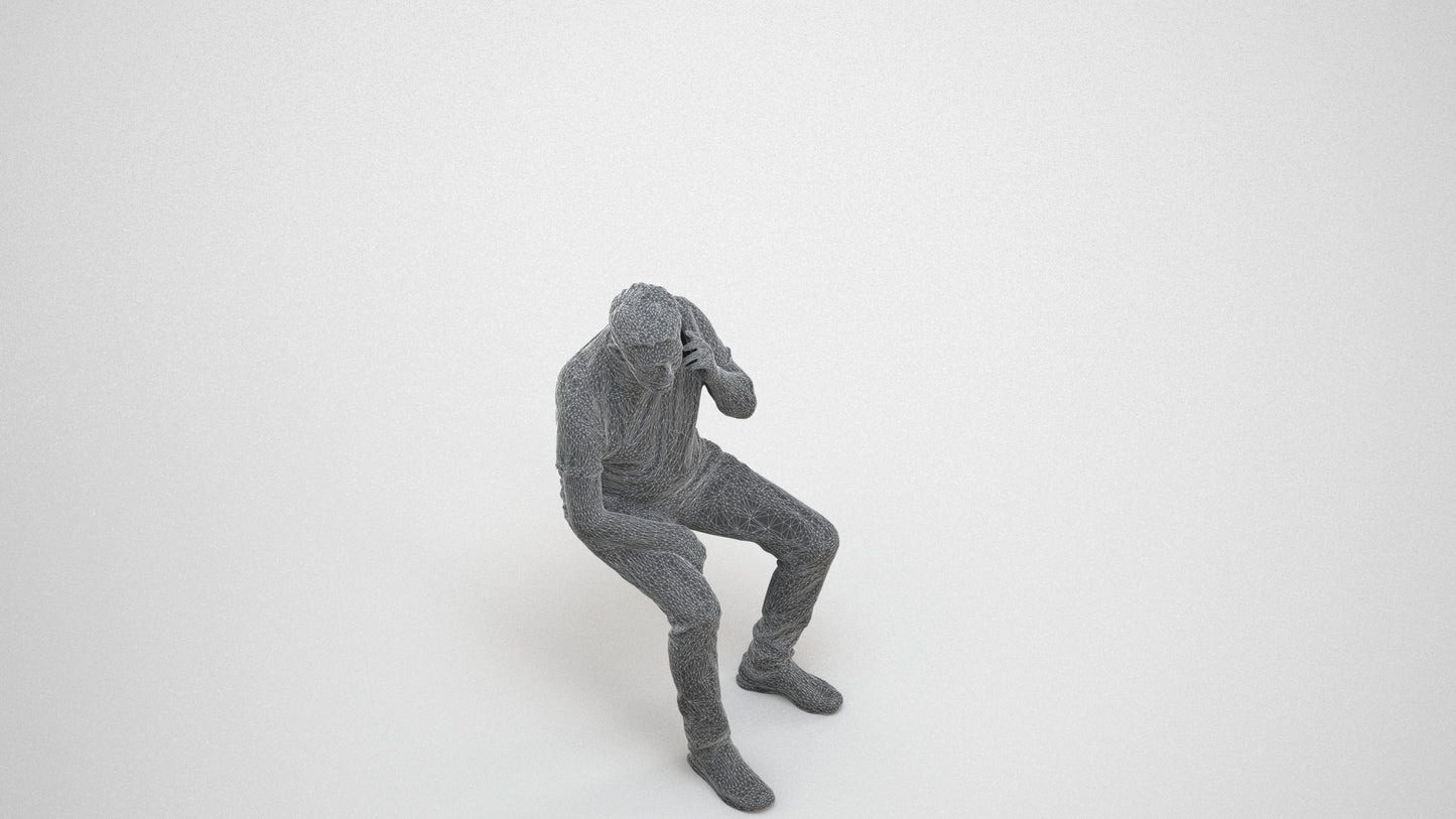 3D scanned senior man sitting casual, photorealistic archviz people for Enscape and SketchUp, wireframe three-quarter view