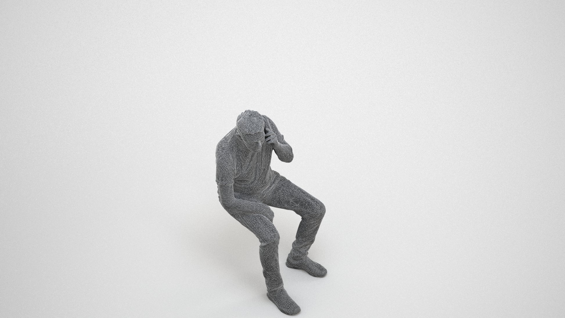 3D scanned senior man sitting casual, photorealistic archviz people for Enscape and SketchUp, wireframe three-quarter view