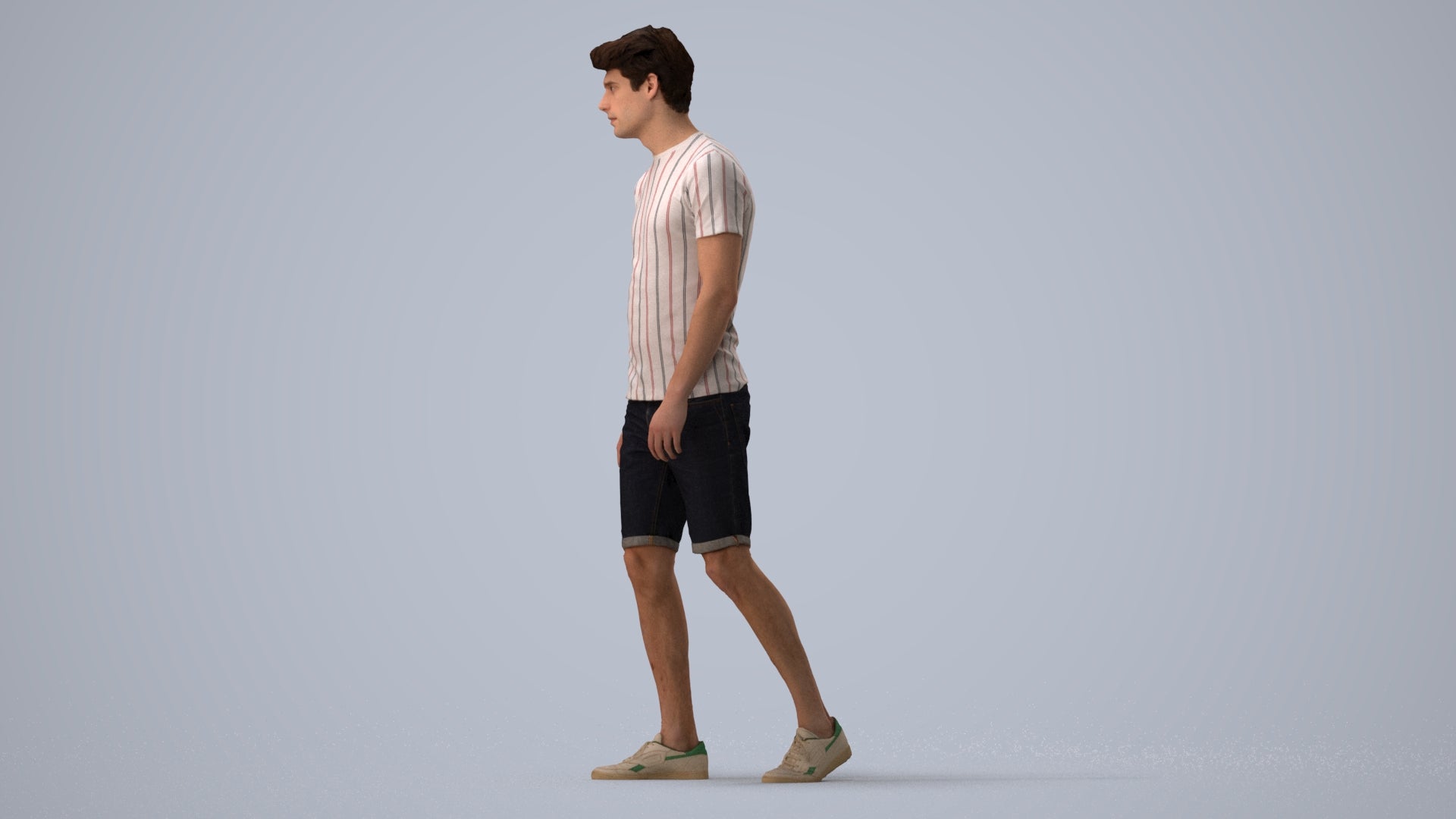 photogrammetry 3D man casual walking, realistic human model archviz FBX, three-quarter view render