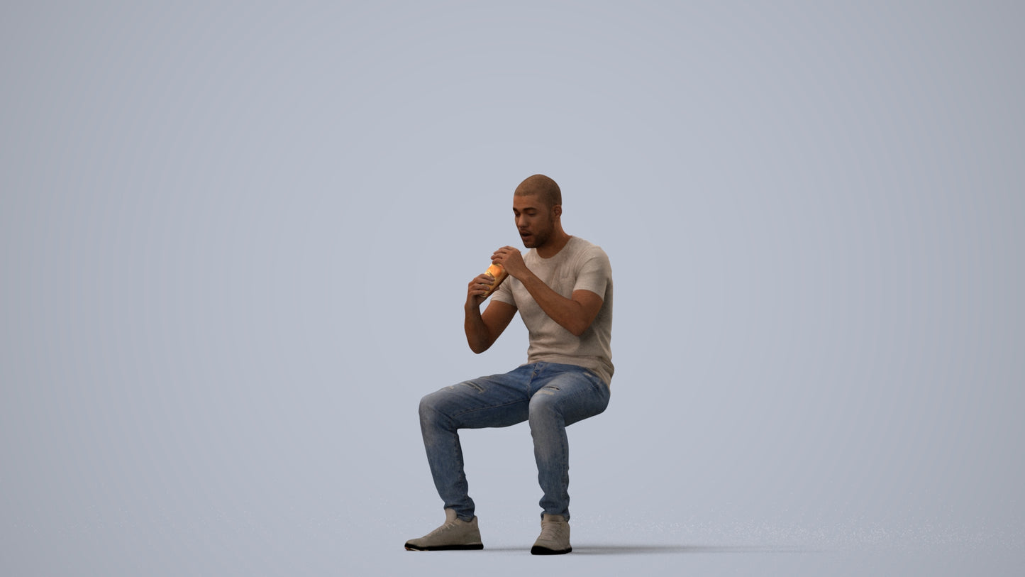 3D human model man casual sitting, photogrammetry scanned person for archviz, three-quarter view render