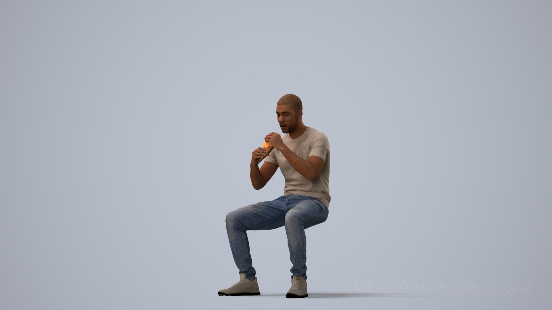 3D human model man casual sitting, photogrammetry scanned person for archviz, three-quarter view render