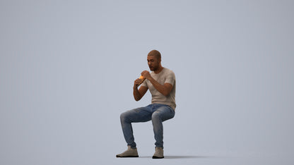 3D human model man casual sitting, photogrammetry scanned person for archviz, three-quarter view render