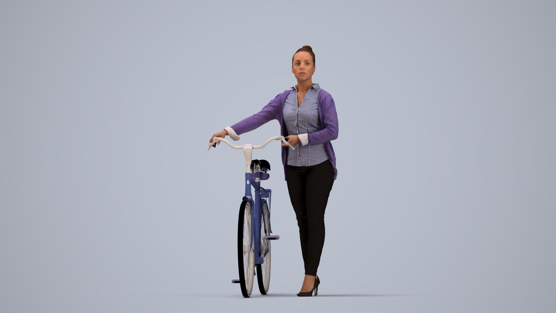 3D people model woman business cycling, scanned human for 3ds Max rendering, top-down view render