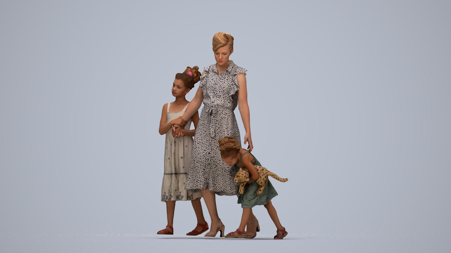 3D human model girl casual kids, photogrammetry scanned person for archviz, top-down view render
