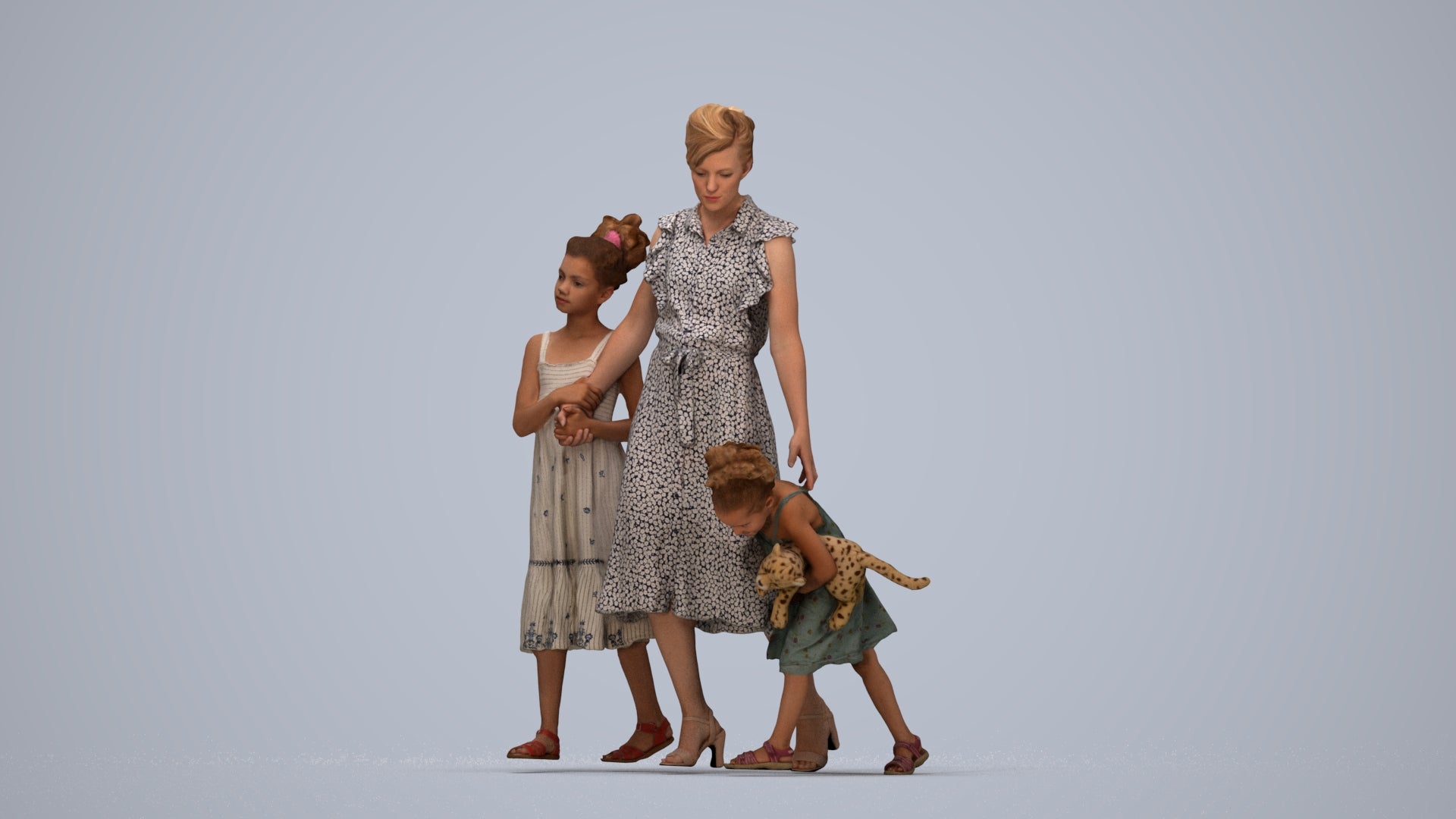 3D human model girl casual kids, photogrammetry scanned person for archviz, top-down view render