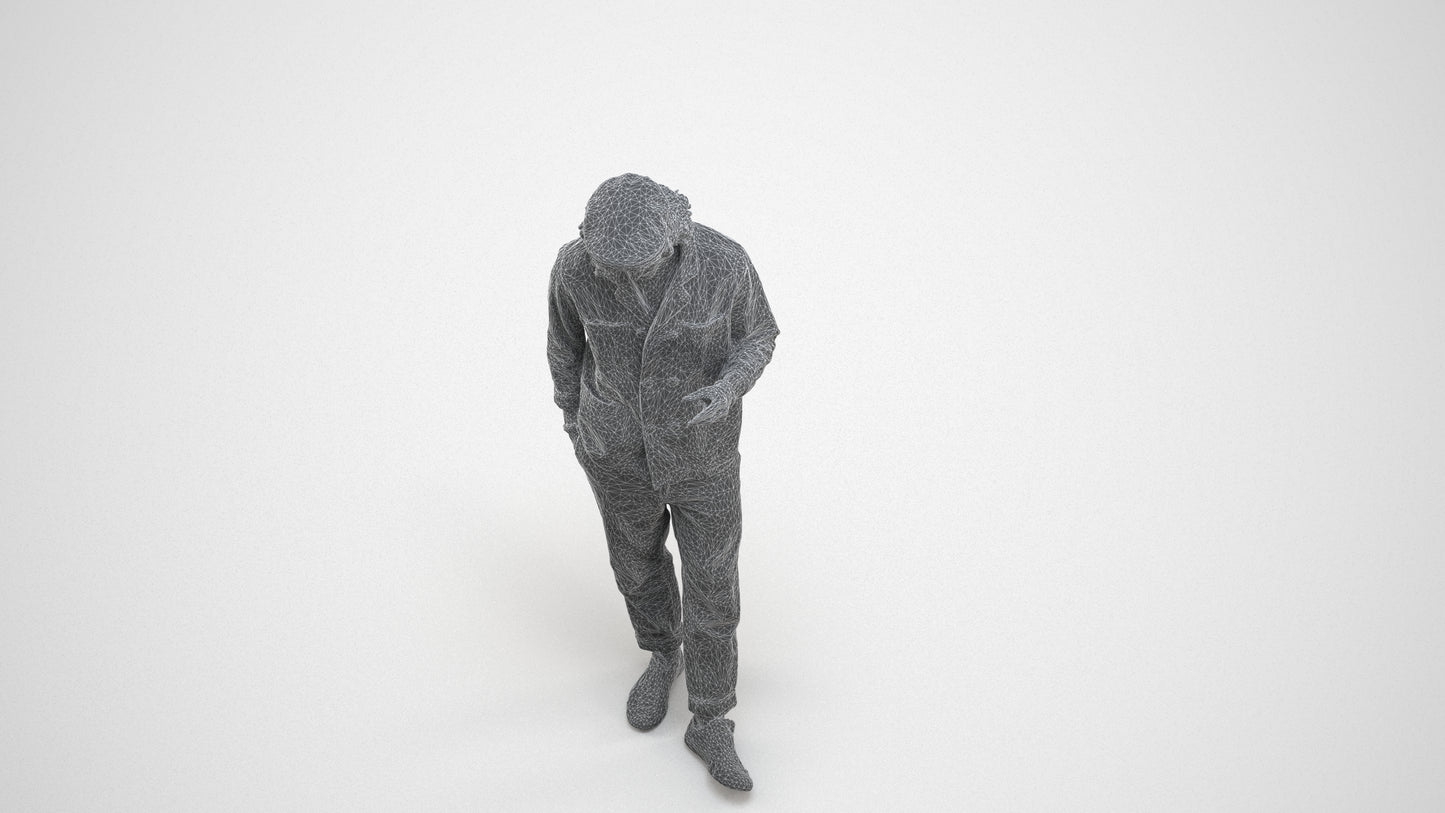 realistic 3D human man casual standing, archviz people FBX OBJ for Blender, wireframe three-quarter view