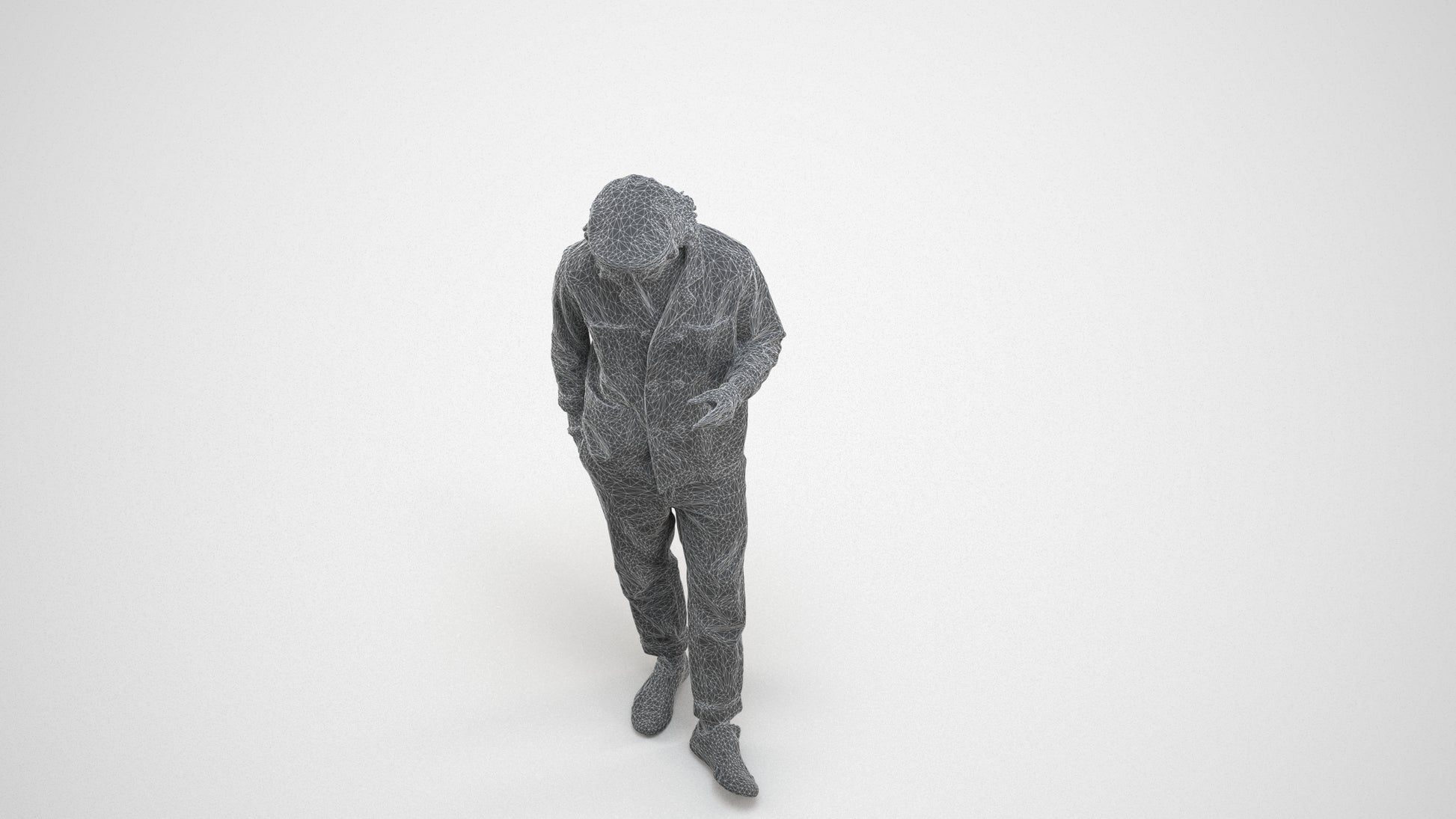 realistic 3D human man casual standing, archviz people FBX OBJ for Blender, wireframe three-quarter view