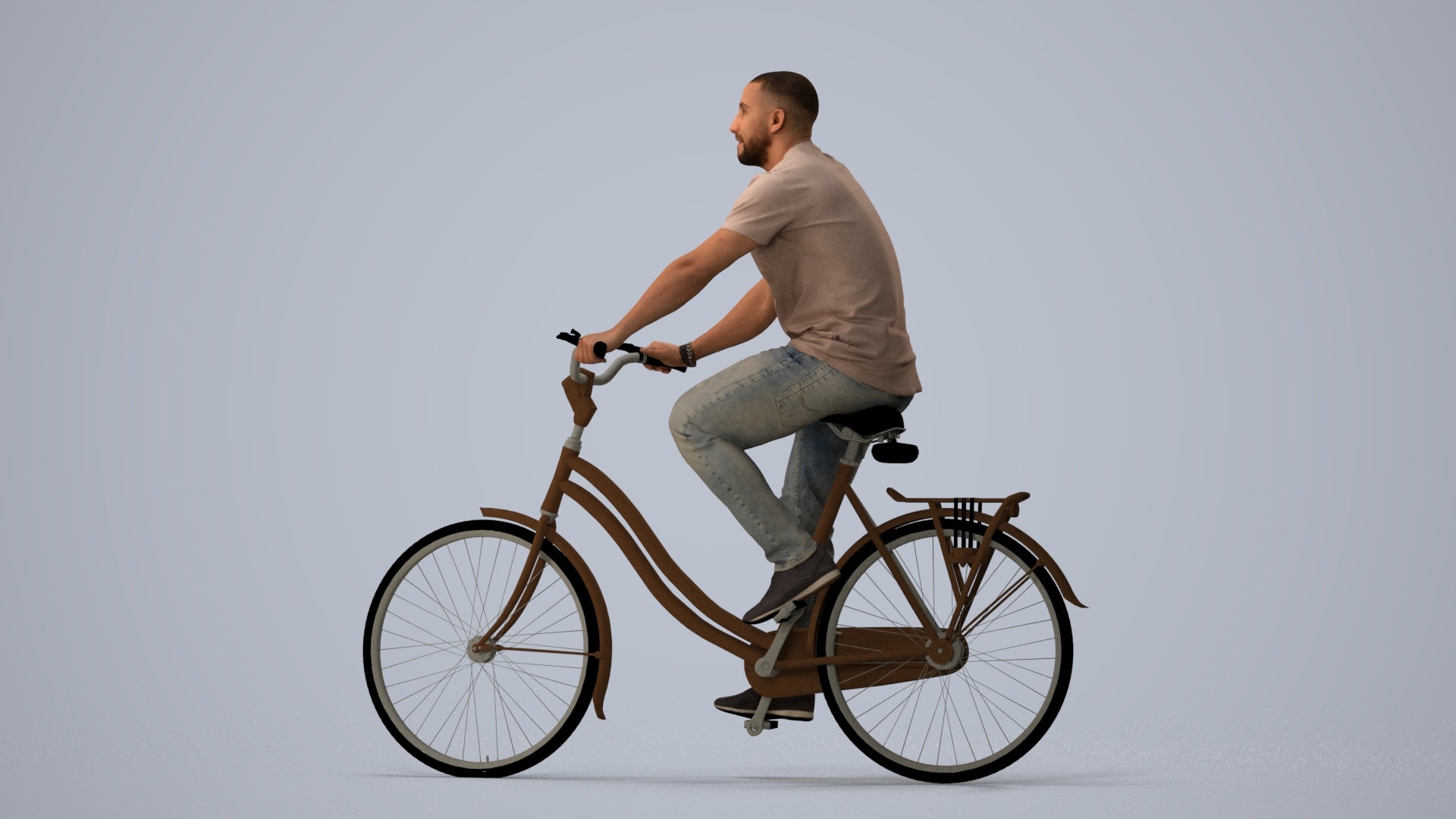 photogrammetry 3D man casual cycling, realistic human model archviz FBX, three-quarter view render