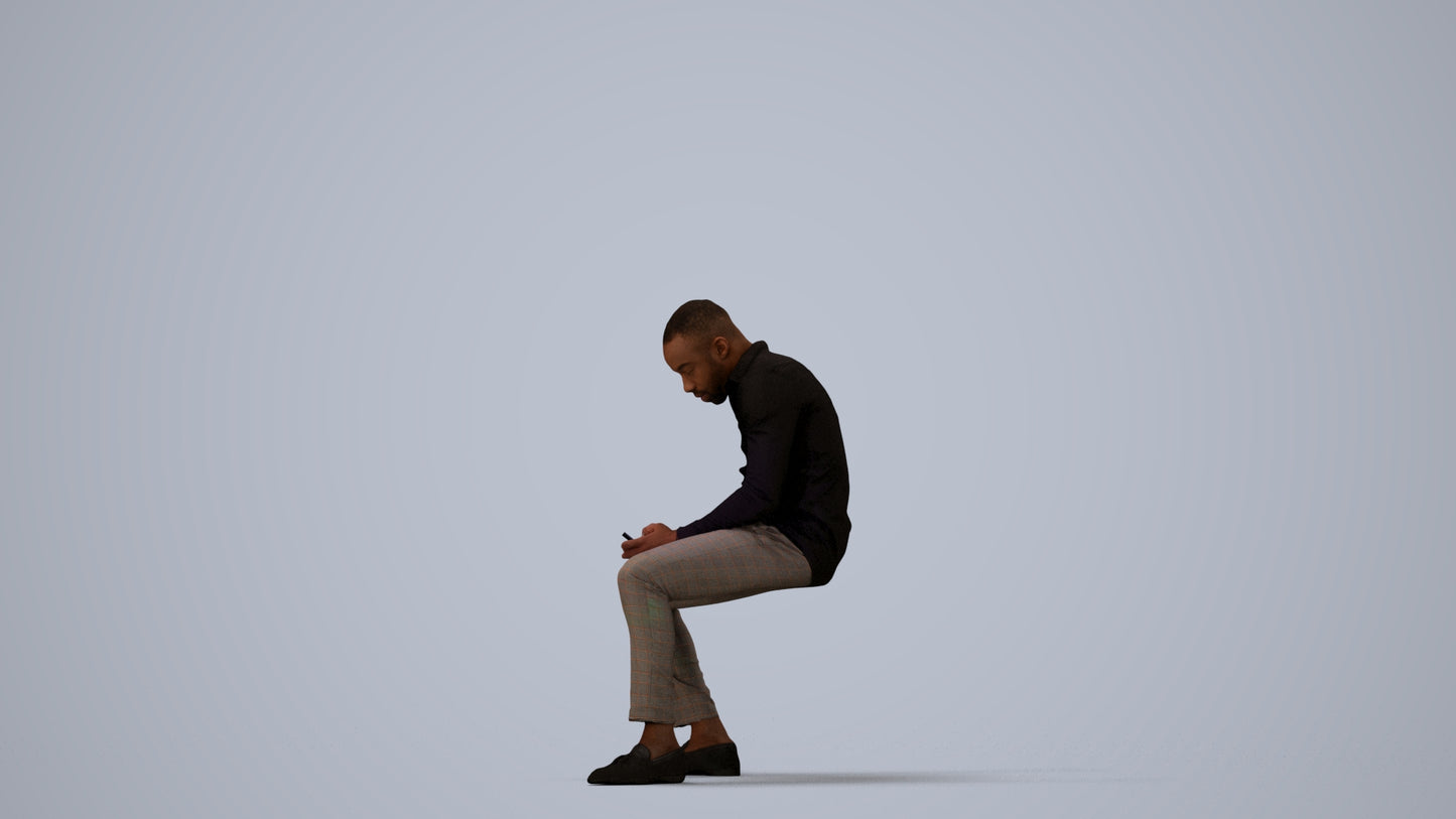3D people model man business sitting, scanned human for 3ds Max rendering, three-quarter view render