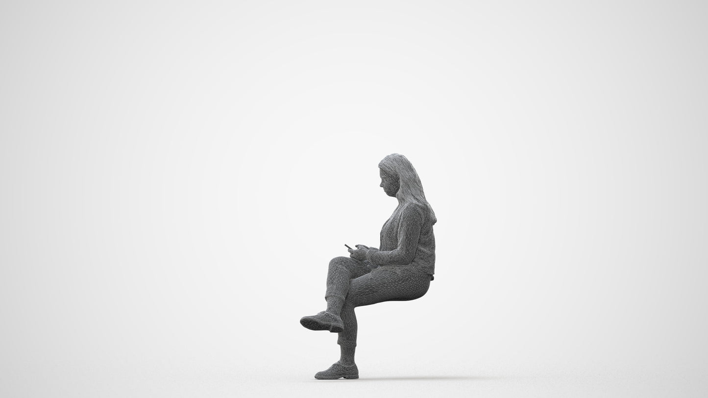 realistic 3D woman casual sitting, scanned archviz people for Blender and 3ds Max, square thumbnail