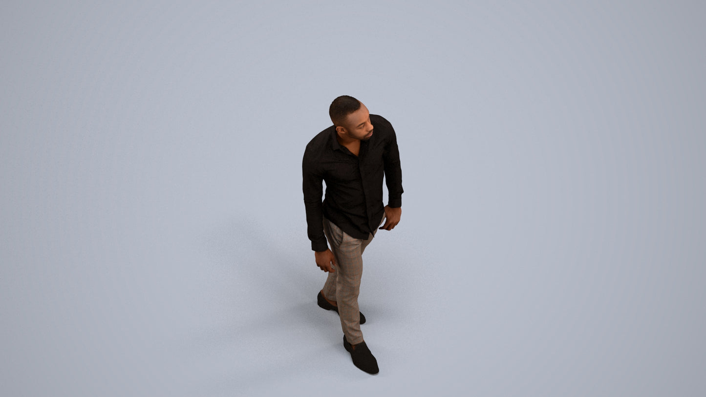 photogrammetry 3D man business walking, realistic human model archviz FBX, back view render