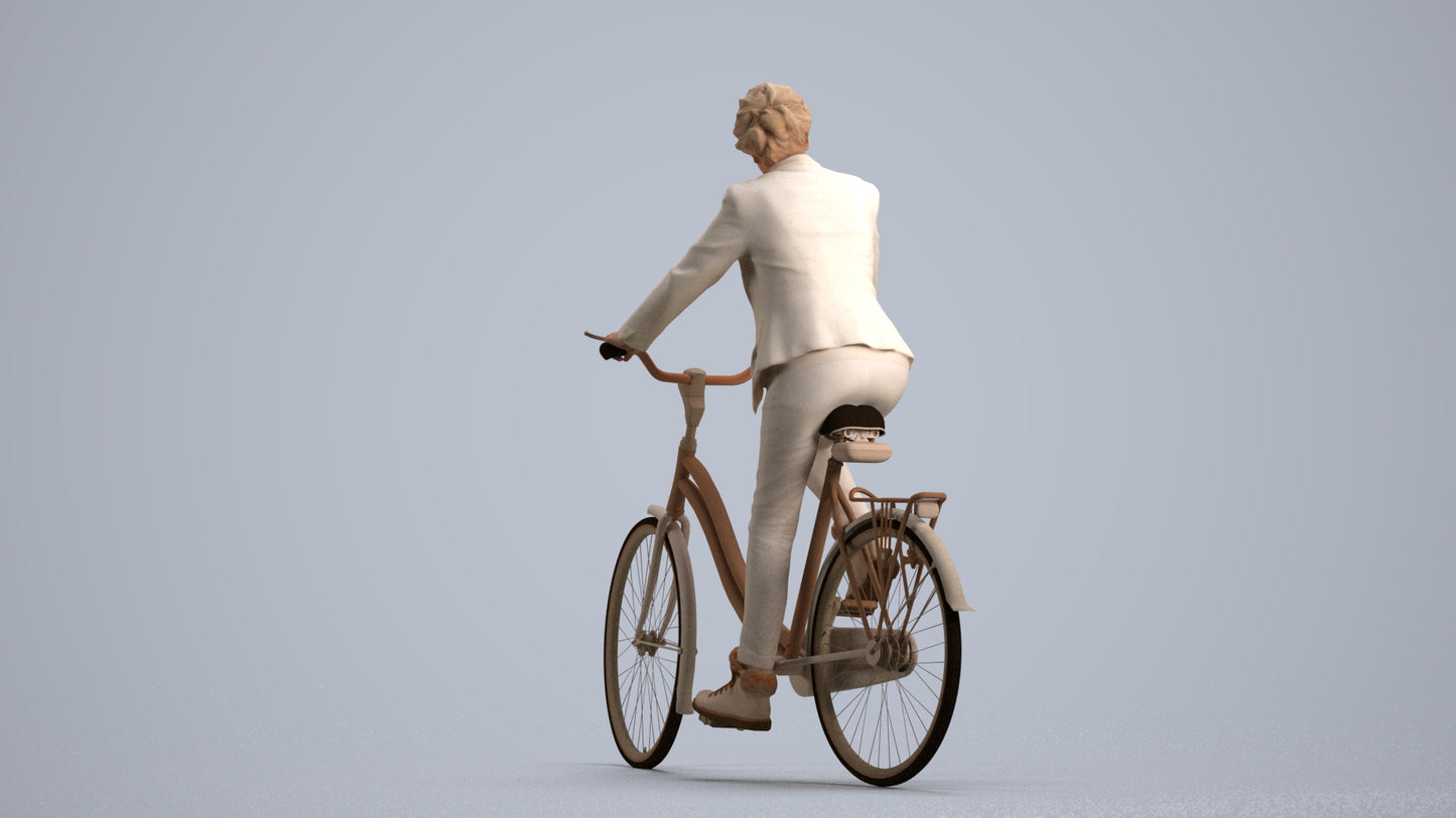 photogrammetry 3D senior woman business cycling, realistic human model archviz FBX, front view render