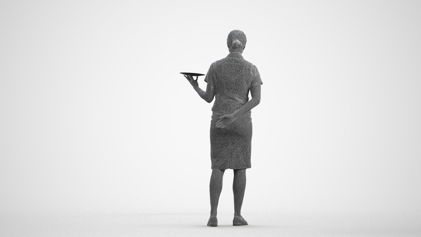 photogrammetry 3D woman hospitality, realistic human model archviz FBX, wireframe front view