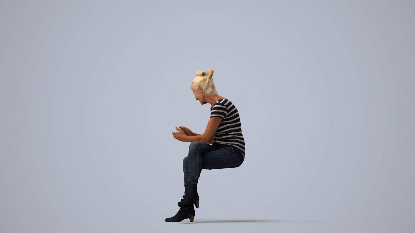 3D people model senior woman casual sitting, scanned human for 3ds Max rendering, three-quarter view render