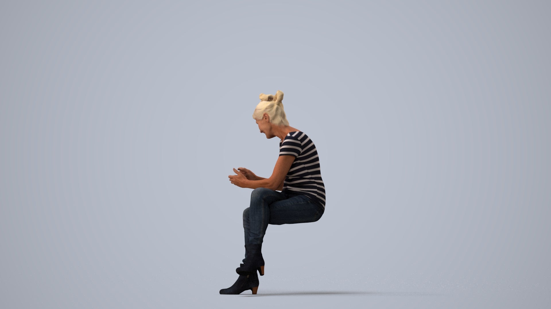 3D people model senior woman casual sitting, scanned human for 3ds Max rendering, three-quarter view render