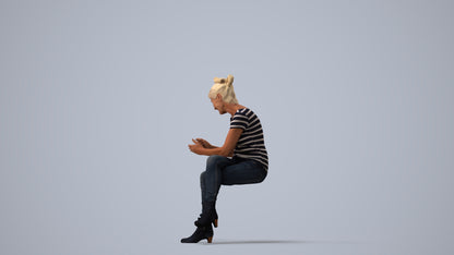 3D people model senior woman casual sitting, scanned human for 3ds Max rendering, three-quarter view render