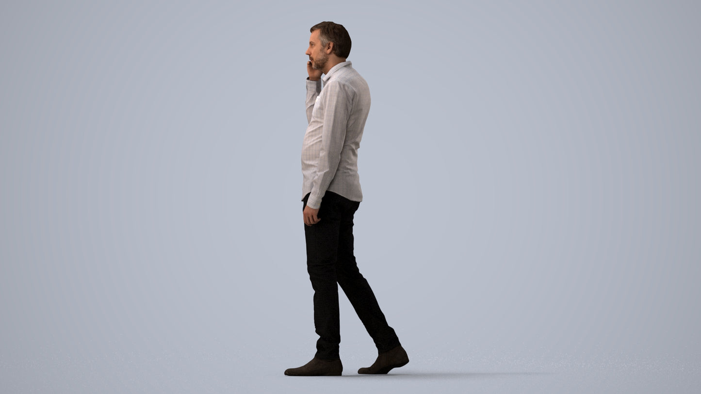 3D scanned man walking business, photorealistic archviz people for Enscape and SketchUp, three-quarter view render