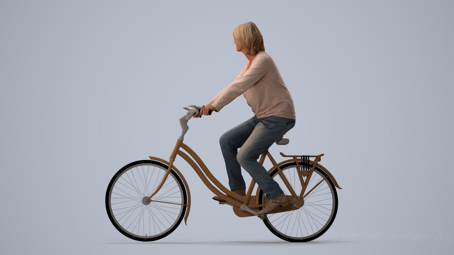 3D people model woman casual cycling, scanned human for 3ds Max rendering, three-quarter view render