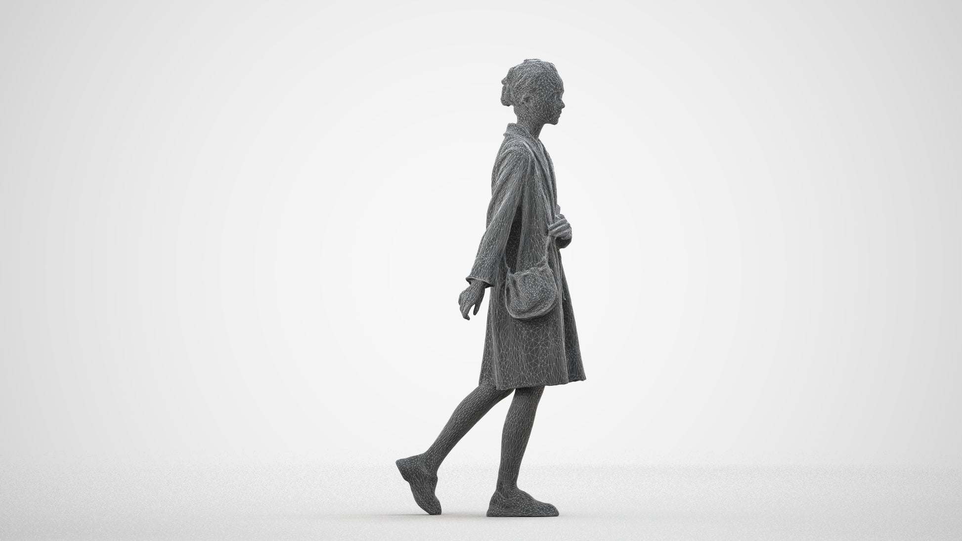 realistic 3D woman casual walking, scanned archviz people for Blender and 3ds Max, wireframe side view