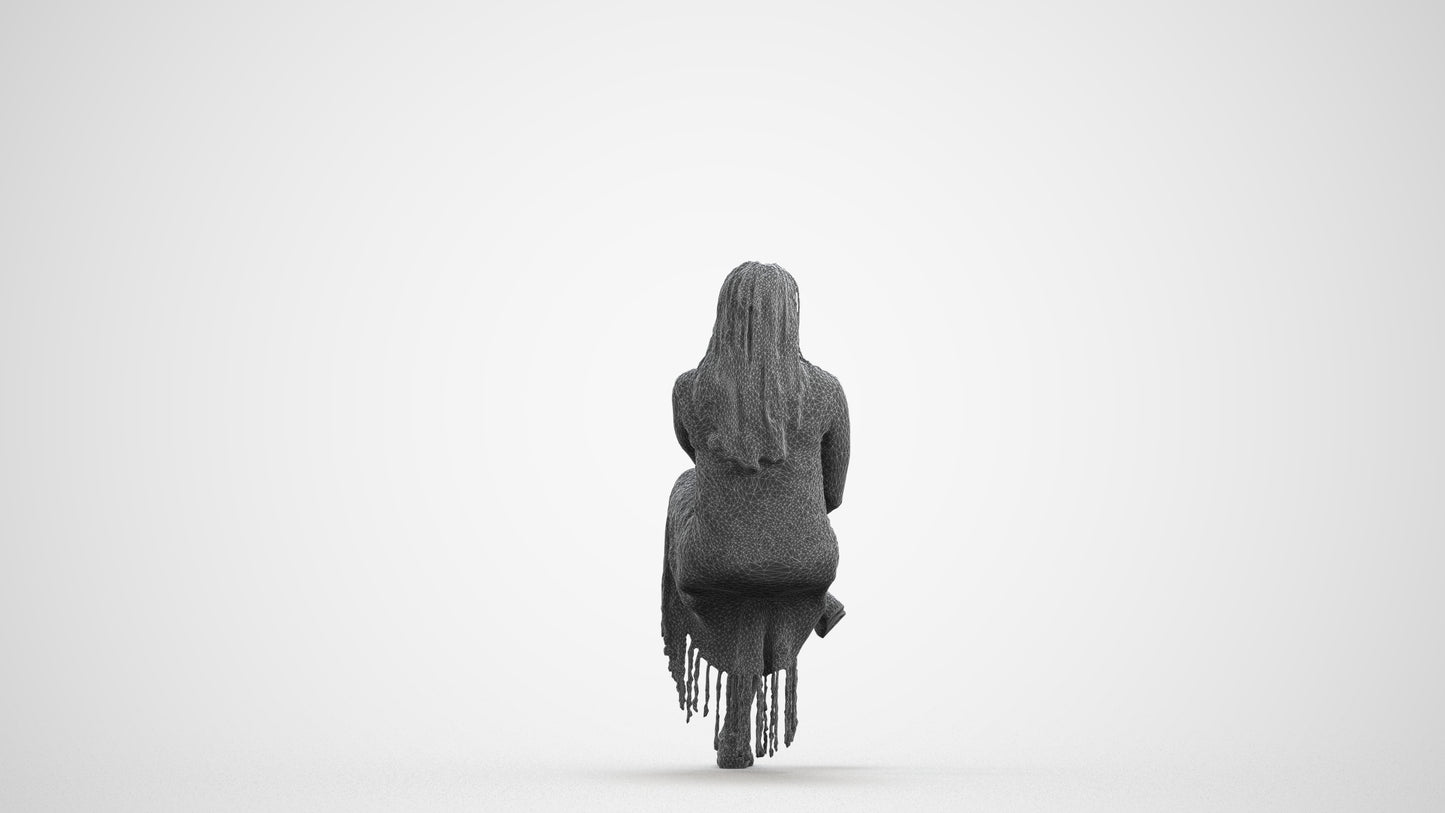 realistic 3D woman casual sitting, scanned archviz people for Blender and 3ds Max, wireframe front view