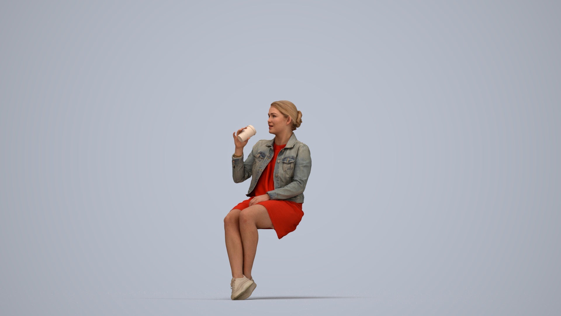 scanned 3D woman casual sitting, photogrammetry people for Enscape and V-Ray, top-down view render