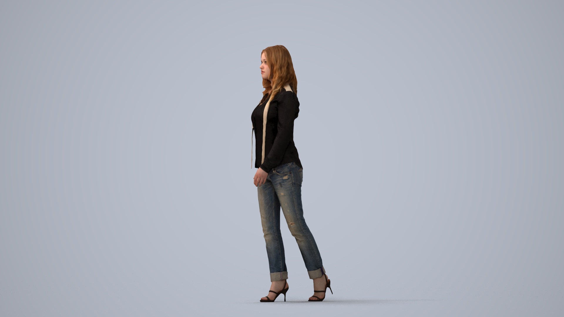 realistic 3D human woman casual walking, archviz people FBX OBJ for Blender, three-quarter view render