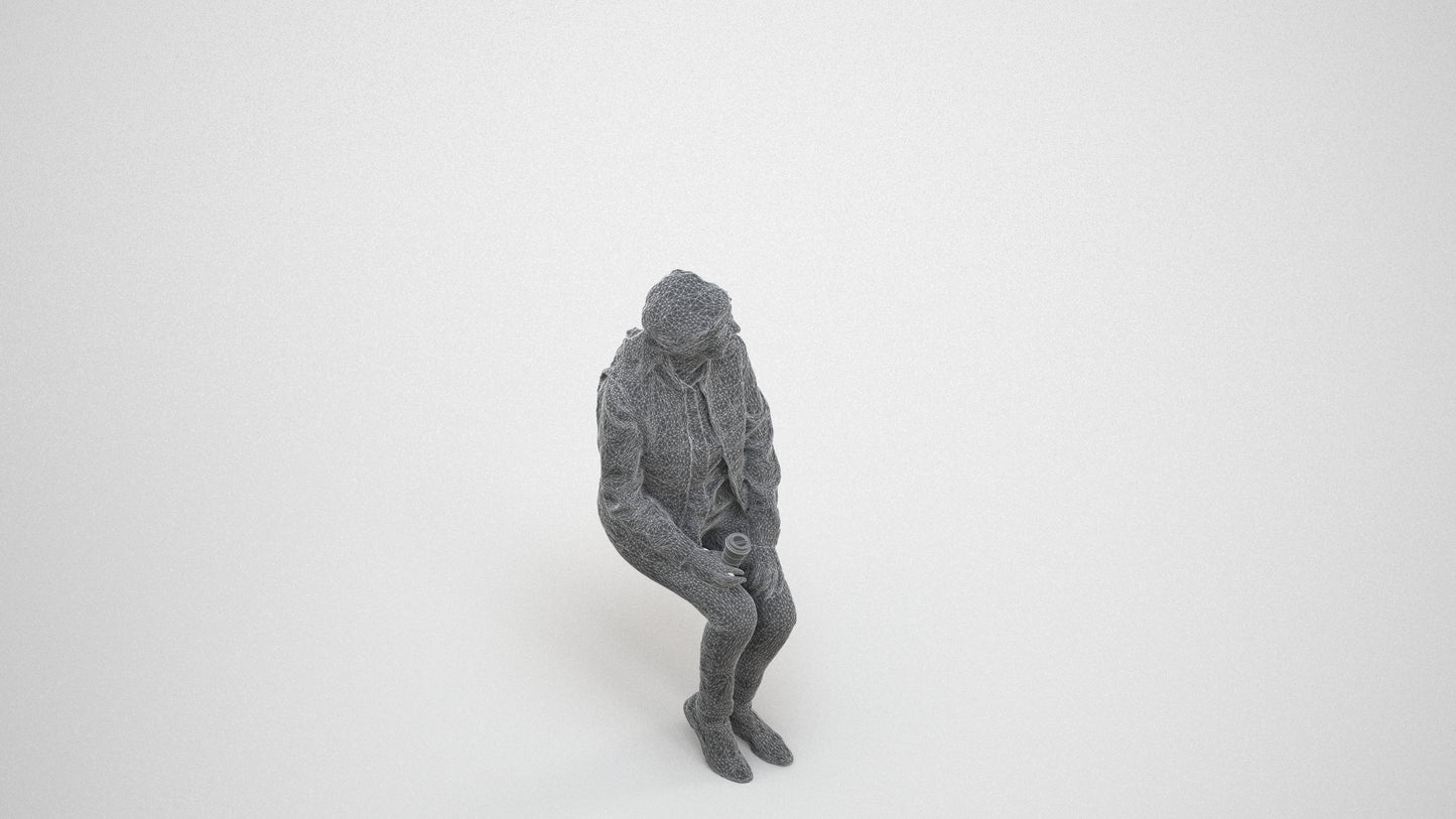 3D scanned senior woman sitting casual, photorealistic archviz people for Enscape and SketchUp, wireframe three-quarter view