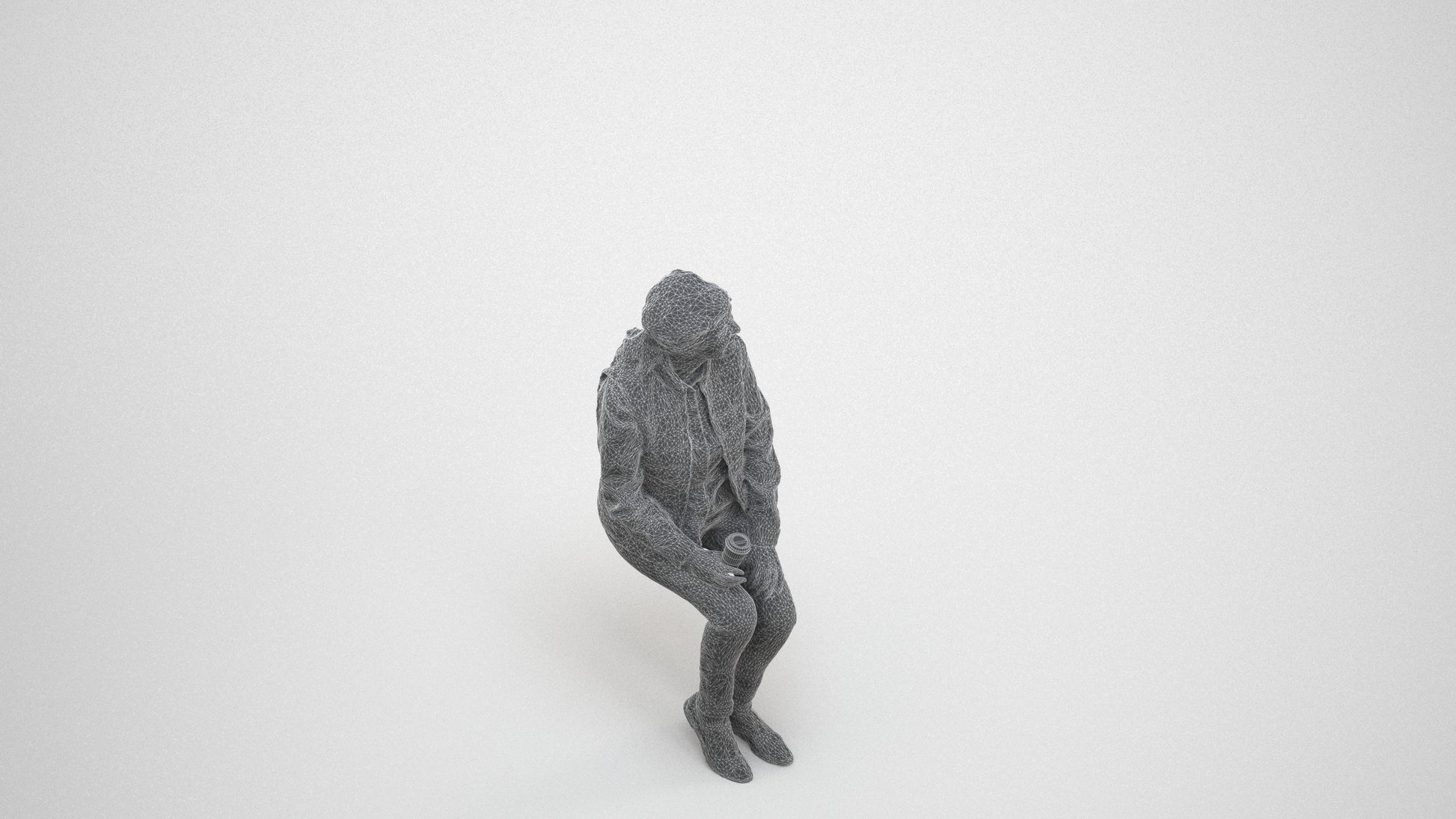 3D scanned senior woman sitting casual, photorealistic archviz people for Enscape and SketchUp, wireframe three-quarter view