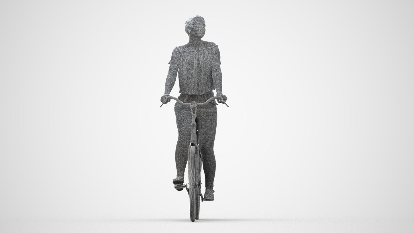 3D people model woman casual cycling, scanned human for 3ds Max rendering, wireframe back view