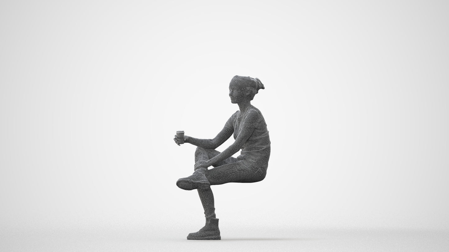 realistic 3D human woman casual sitting, archviz people FBX OBJ for Blender, square thumbnail