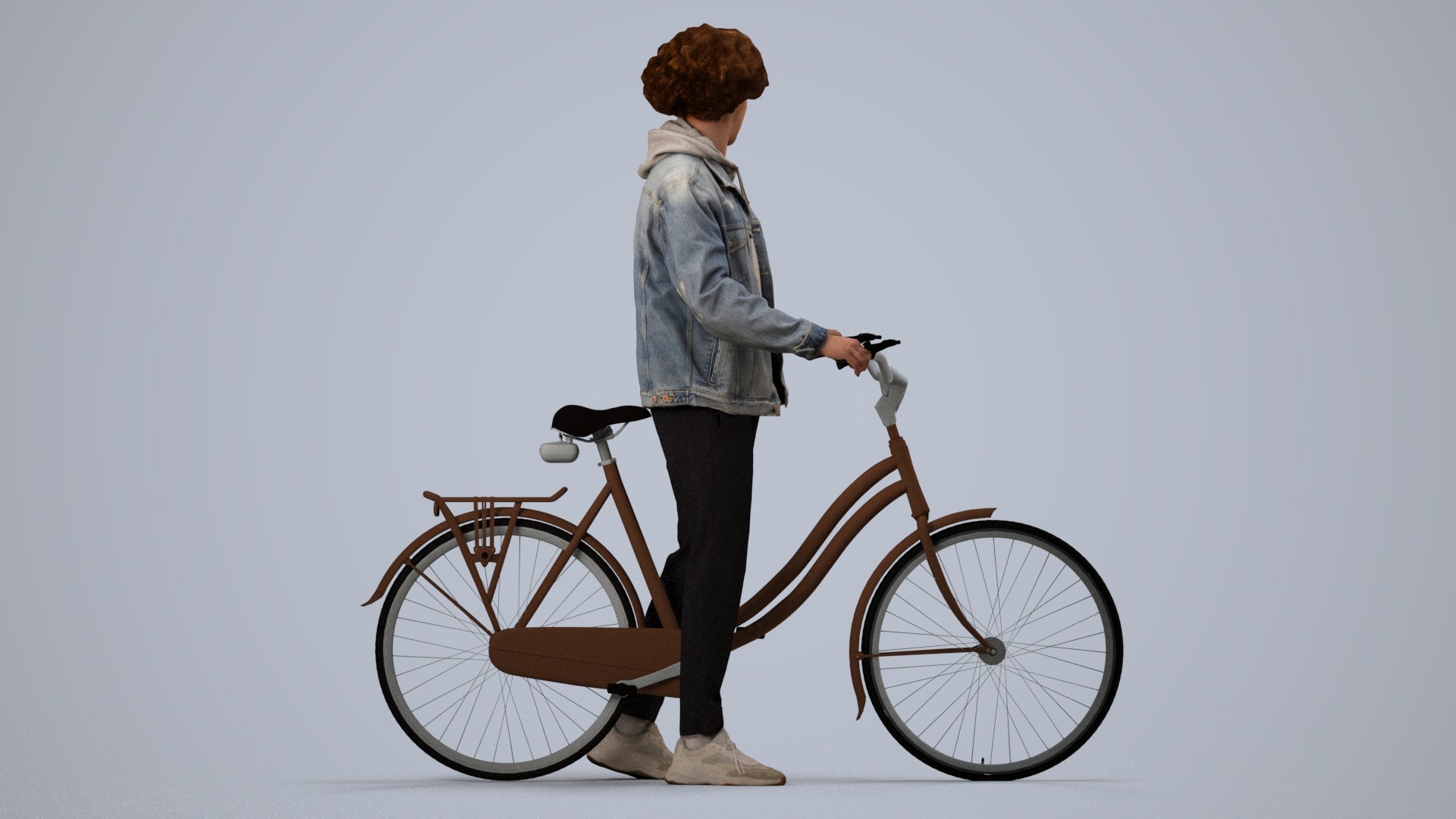 3D human model man casual cycling, photogrammetry scanned person for archviz, side view render