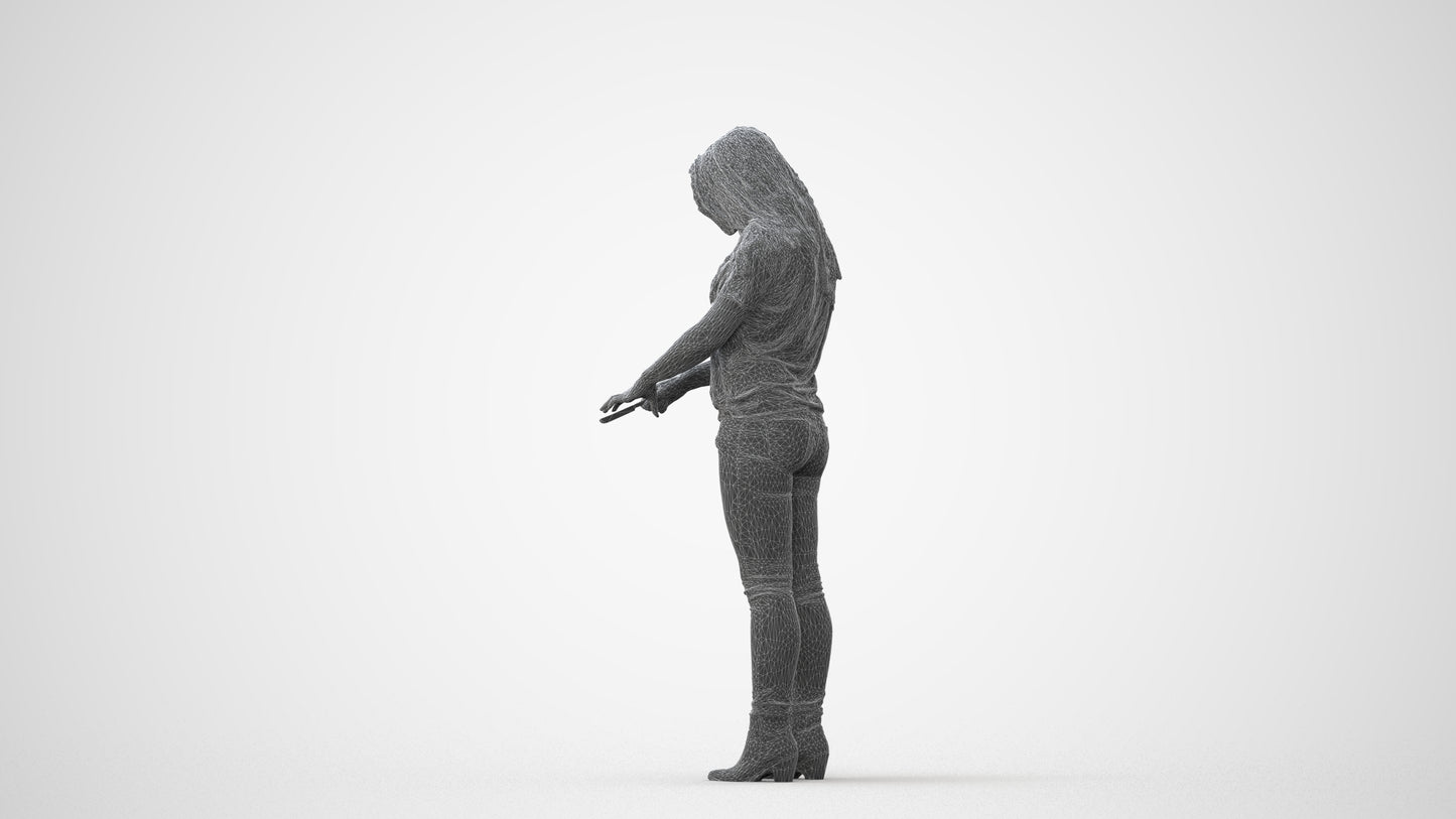3D human model woman casual standing, photogrammetry scanned person for archviz, square thumbnail