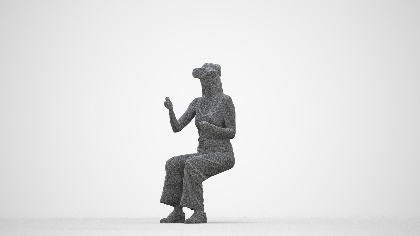 photogrammetry 3D woman casual sitting, realistic human model archviz FBX, wireframe back view