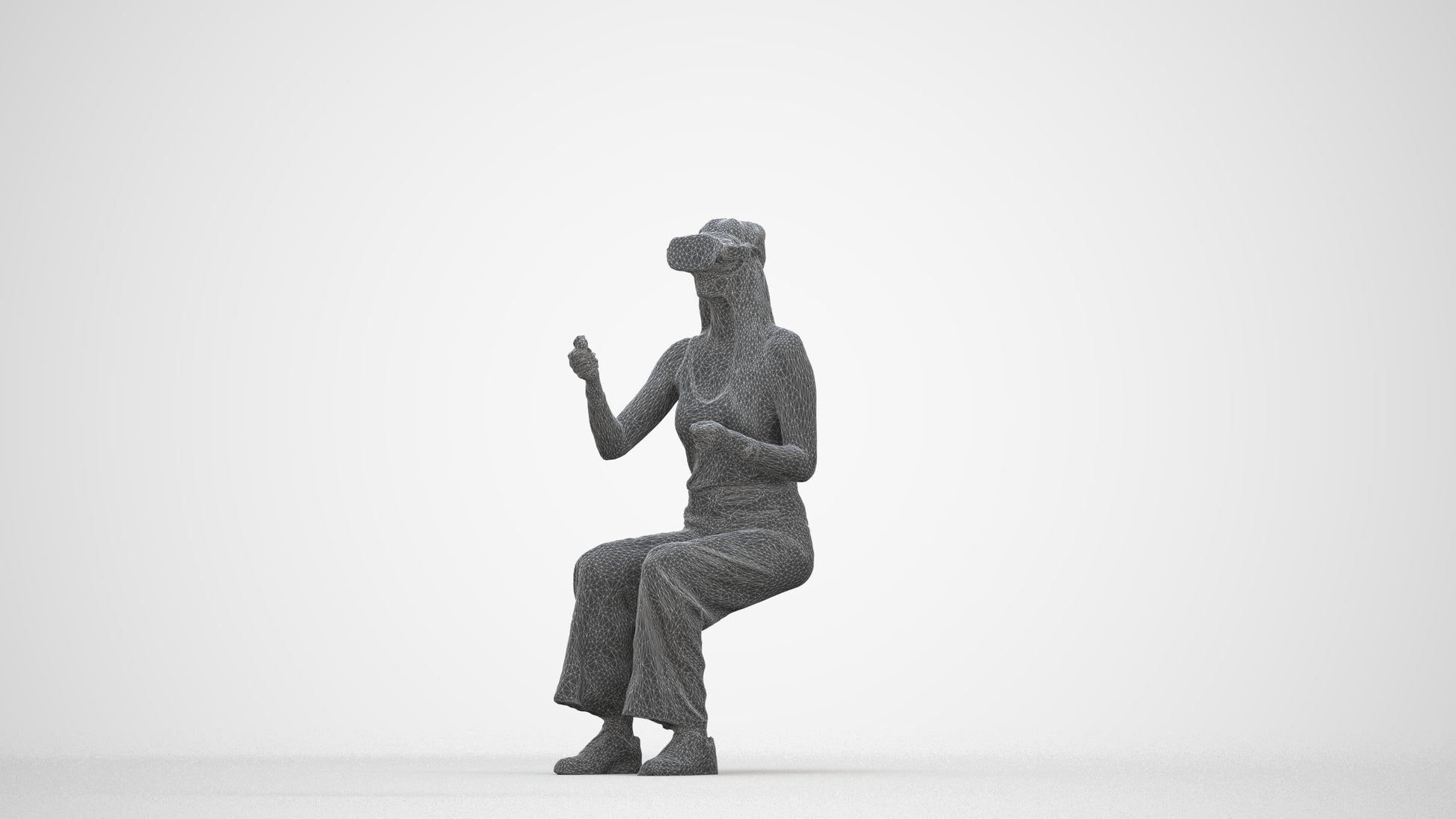 photogrammetry 3D woman casual sitting, realistic human model archviz FBX, wireframe back view
