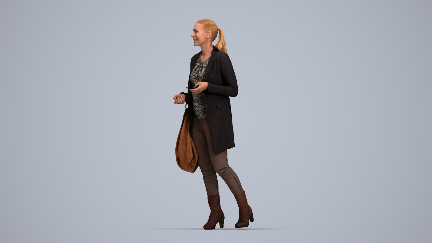 3D human model woman business walking, photogrammetry scanned person for archviz, top-down view render