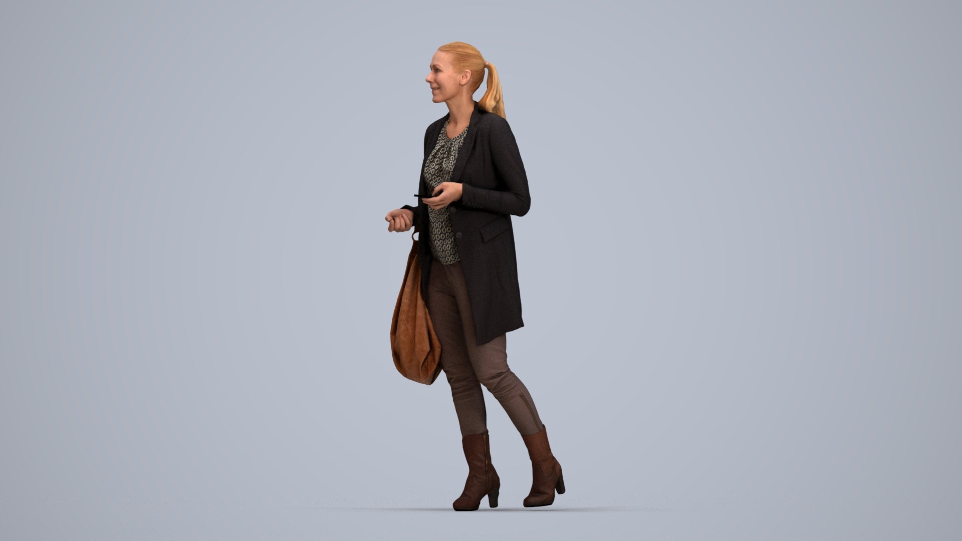 3D human model woman business walking, photogrammetry scanned person for archviz, top-down view render