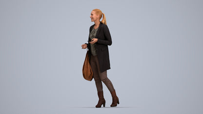 3D human model woman business walking, photogrammetry scanned person for archviz, top-down view render