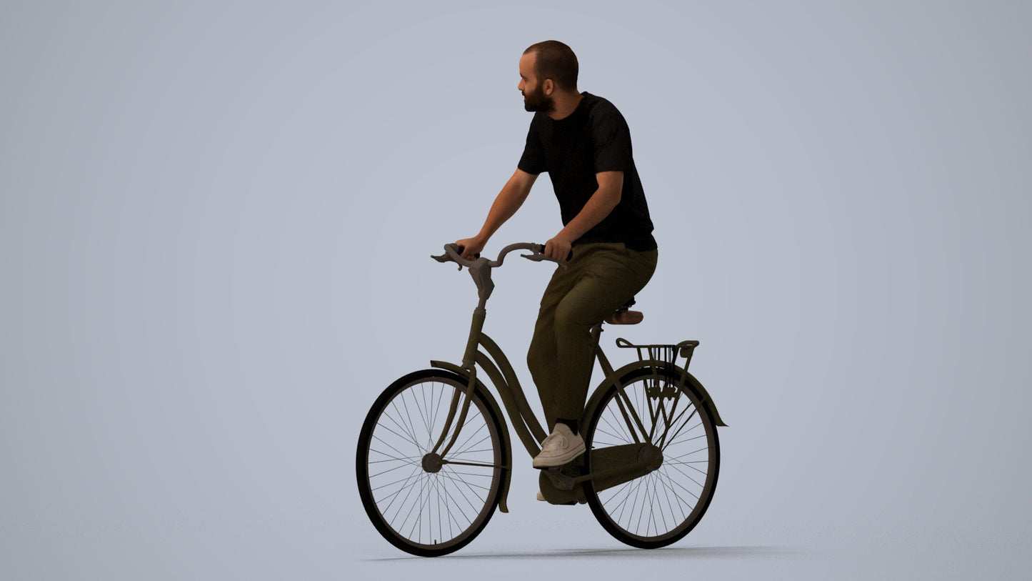 realistic 3D man casual cycling, scanned archviz people for Blender and 3ds Max, three-quarter view render